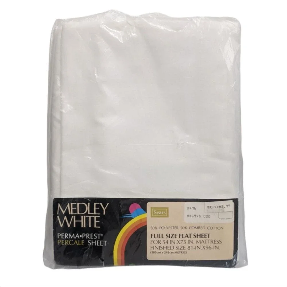 Medley White Vintage Full Flat Sheet Sears Perma Prest Percale Cotton Blend New - Picture 1 of 7